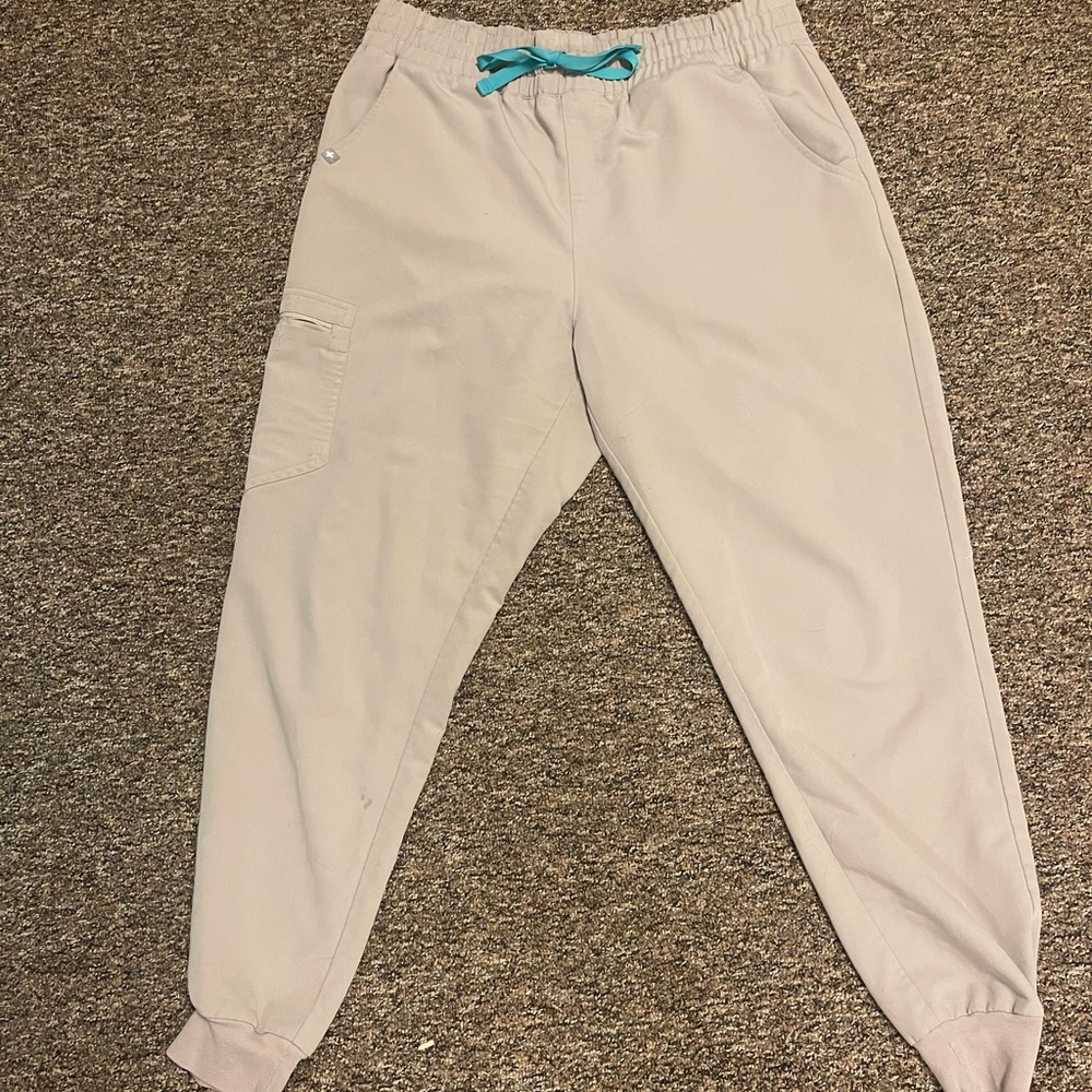 Figs Women's Scrub Pants in Cream with Teal Drawstring